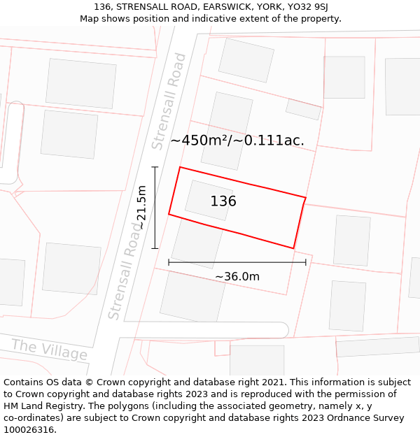 136, STRENSALL ROAD, EARSWICK, YORK, YO32 9SJ: Plot and title map