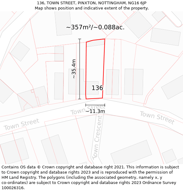 136, TOWN STREET, PINXTON, NOTTINGHAM, NG16 6JP: Plot and title map