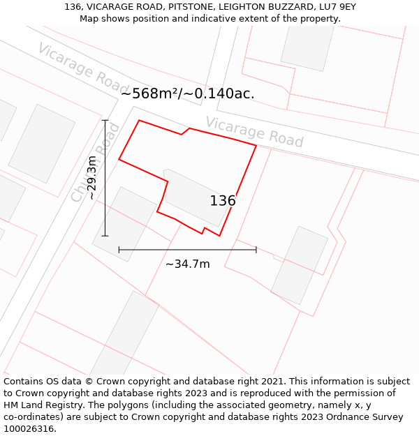 136, VICARAGE ROAD, PITSTONE, LEIGHTON BUZZARD, LU7 9EY: Plot and title map