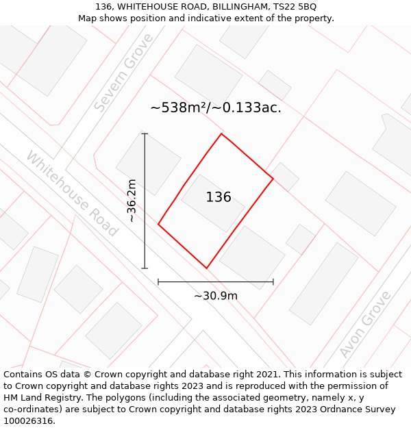 136, WHITEHOUSE ROAD, BILLINGHAM, TS22 5BQ: Plot and title map