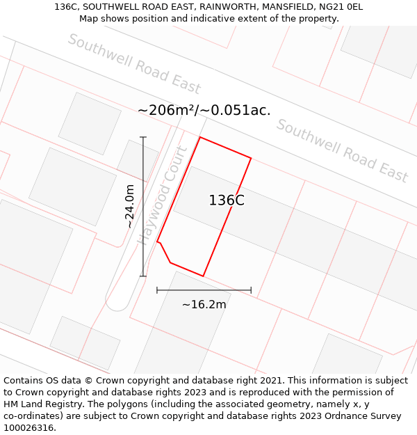 136C, SOUTHWELL ROAD EAST, RAINWORTH, MANSFIELD, NG21 0EL: Plot and title map