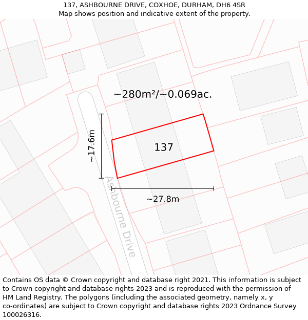 137, ASHBOURNE DRIVE, COXHOE, DURHAM, DH6 4SR: Plot and title map