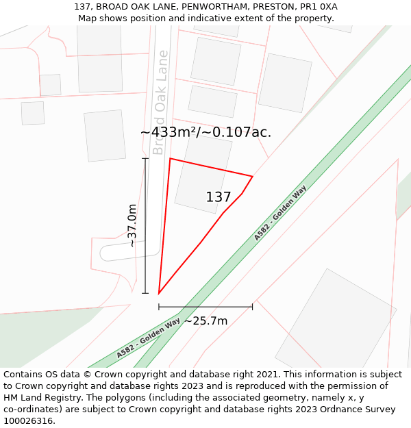 137, BROAD OAK LANE, PENWORTHAM, PRESTON, PR1 0XA: Plot and title map