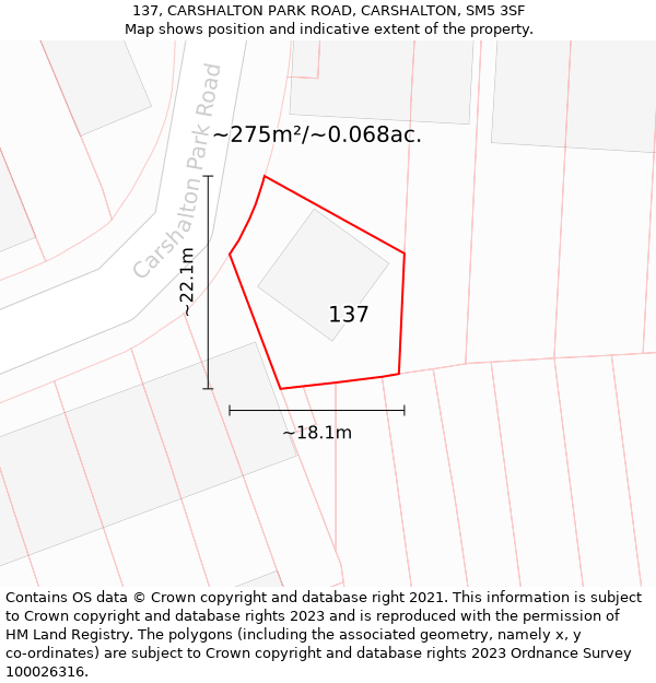 137, CARSHALTON PARK ROAD, CARSHALTON, SM5 3SF: Plot and title map