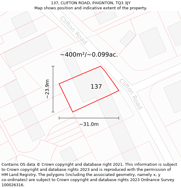 137, CLIFTON ROAD, PAIGNTON, TQ3 3JY: Plot and title map