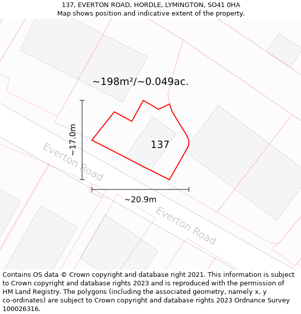 137, EVERTON ROAD, HORDLE, LYMINGTON, SO41 0HA: Plot and title map