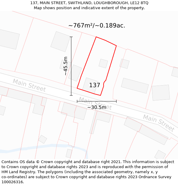 137, MAIN STREET, SWITHLAND, LOUGHBOROUGH, LE12 8TQ: Plot and title map