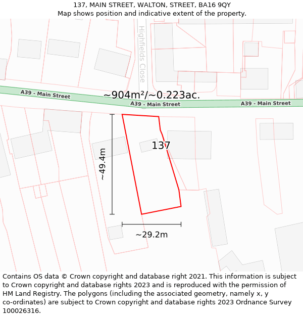 137, MAIN STREET, WALTON, STREET, BA16 9QY: Plot and title map