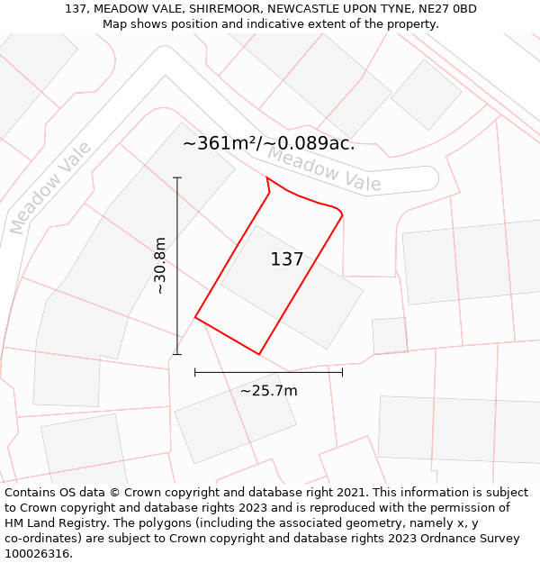 137, MEADOW VALE, SHIREMOOR, NEWCASTLE UPON TYNE, NE27 0BD: Plot and title map