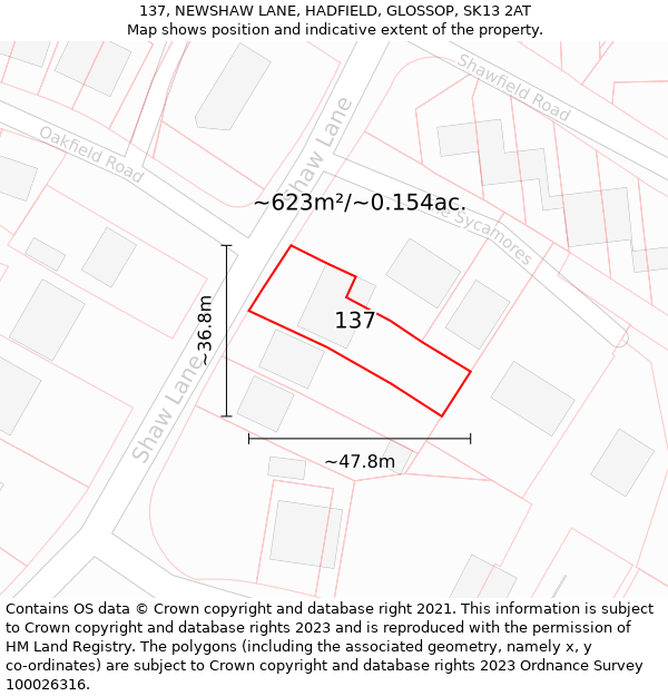 137, NEWSHAW LANE, HADFIELD, GLOSSOP, SK13 2AT: Plot and title map