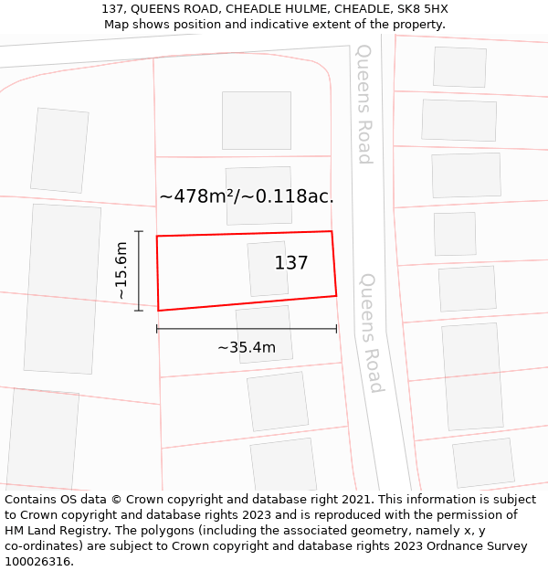 137, QUEENS ROAD, CHEADLE HULME, CHEADLE, SK8 5HX: Plot and title map