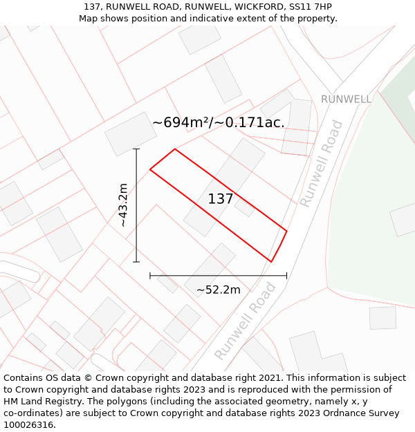 137, RUNWELL ROAD, RUNWELL, WICKFORD, SS11 7HP: Plot and title map