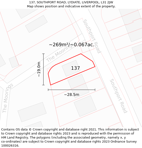 137, SOUTHPORT ROAD, LYDIATE, LIVERPOOL, L31 2JW: Plot and title map