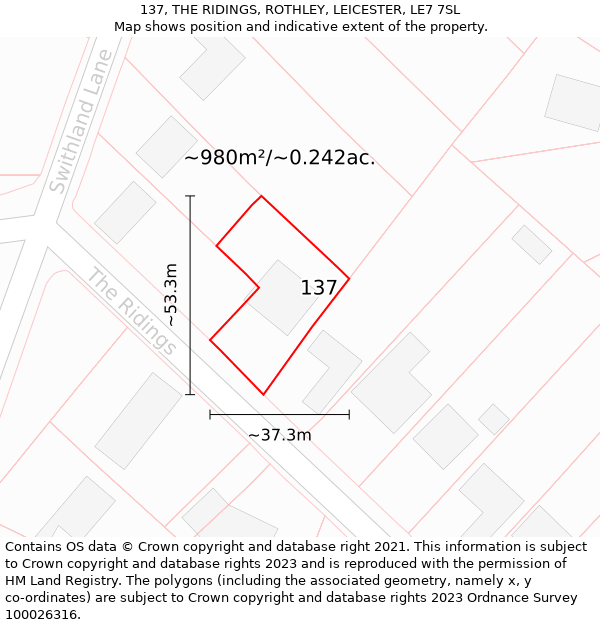 137, THE RIDINGS, ROTHLEY, LEICESTER, LE7 7SL: Plot and title map