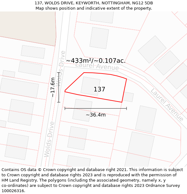 137, WOLDS DRIVE, KEYWORTH, NOTTINGHAM, NG12 5DB: Plot and title map