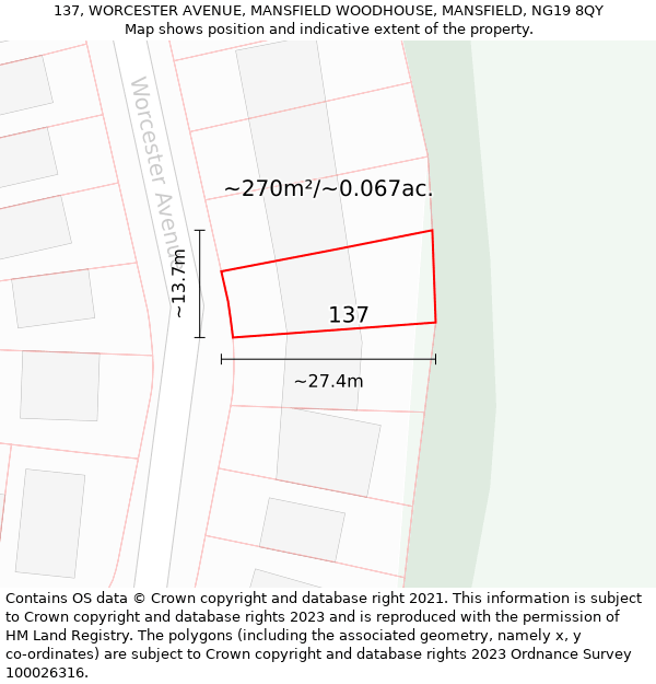 137, WORCESTER AVENUE, MANSFIELD WOODHOUSE, MANSFIELD, NG19 8QY: Plot and title map