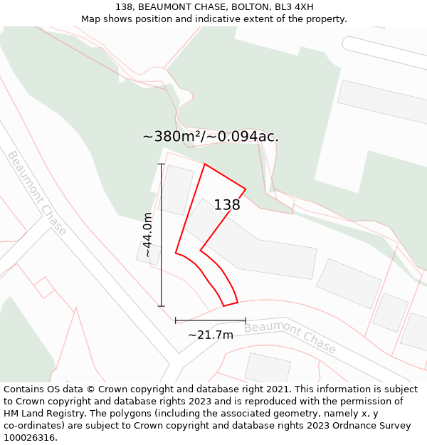 138, BEAUMONT CHASE, BOLTON, BL3 4XH: Plot and title map