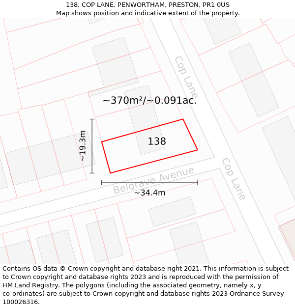 138, COP LANE, PENWORTHAM, PRESTON, PR1 0US: Plot and title map