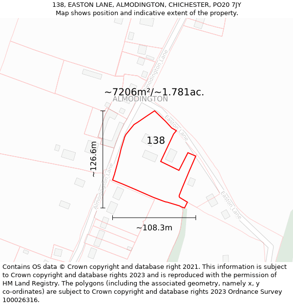 138, EASTON LANE, ALMODINGTON, CHICHESTER, PO20 7JY: Plot and title map