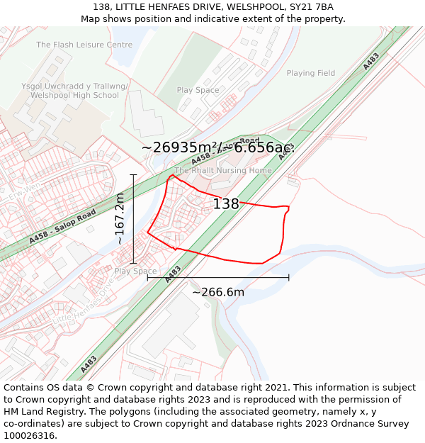 138, LITTLE HENFAES DRIVE, WELSHPOOL, SY21 7BA: Plot and title map