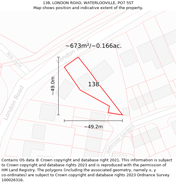 138, LONDON ROAD, WATERLOOVILLE, PO7 5ST: Plot and title map