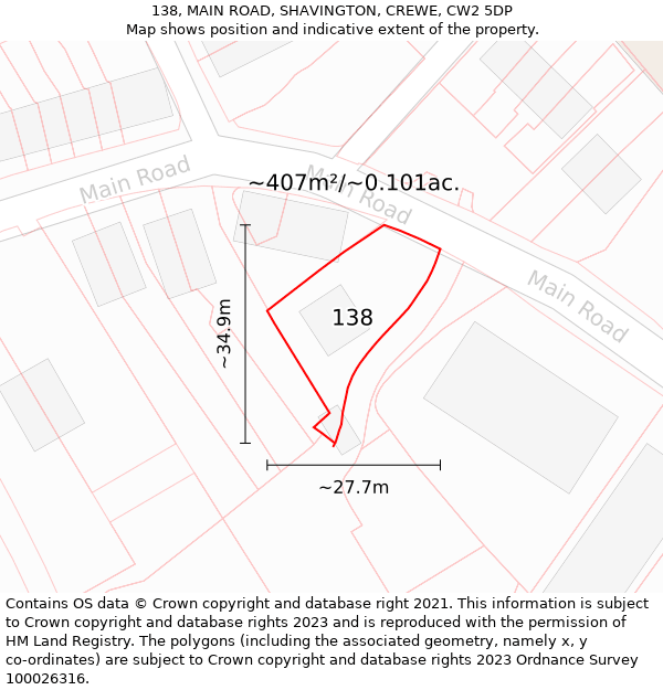 138, MAIN ROAD, SHAVINGTON, CREWE, CW2 5DP: Plot and title map