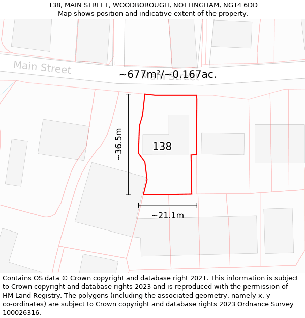 138, MAIN STREET, WOODBOROUGH, NOTTINGHAM, NG14 6DD: Plot and title map