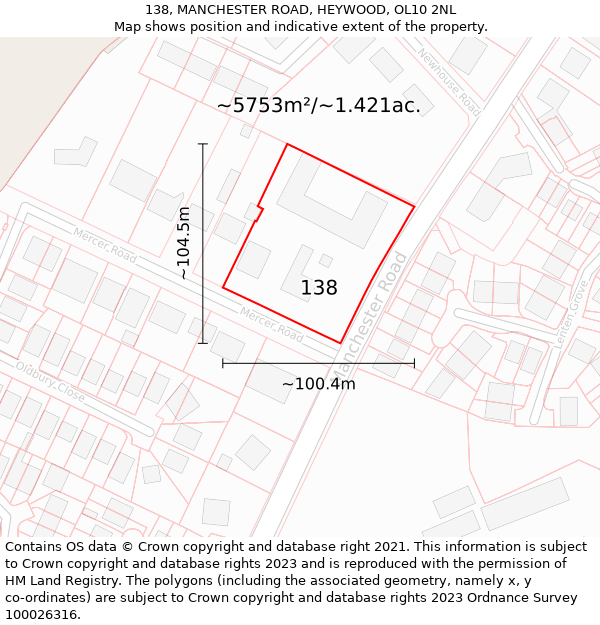 138, MANCHESTER ROAD, HEYWOOD, OL10 2NL: Plot and title map