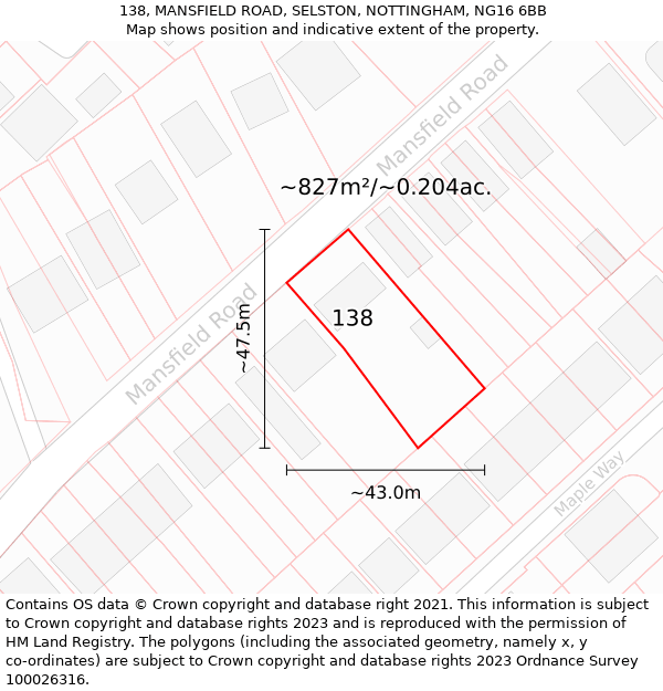 138, MANSFIELD ROAD, SELSTON, NOTTINGHAM, NG16 6BB: Plot and title map