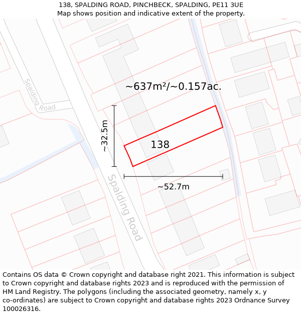 138, SPALDING ROAD, PINCHBECK, SPALDING, PE11 3UE: Plot and title map