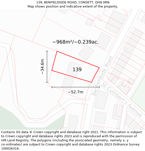 139, BENFIELDSIDE ROAD, CONSETT, DH8 0RN: Plot and title map