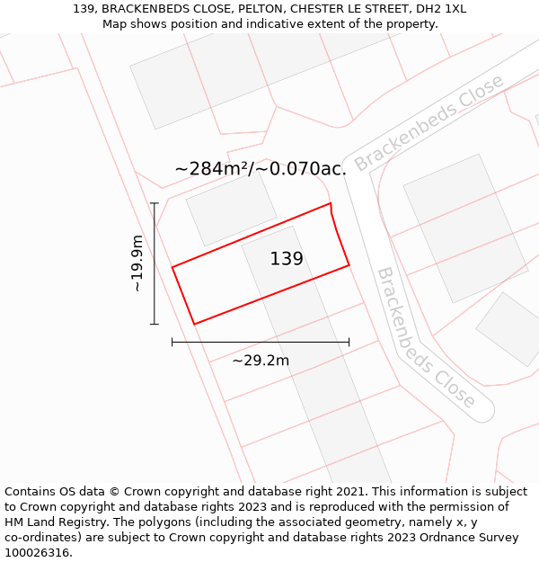 139, BRACKENBEDS CLOSE, PELTON, CHESTER LE STREET, DH2 1XL: Plot and title map