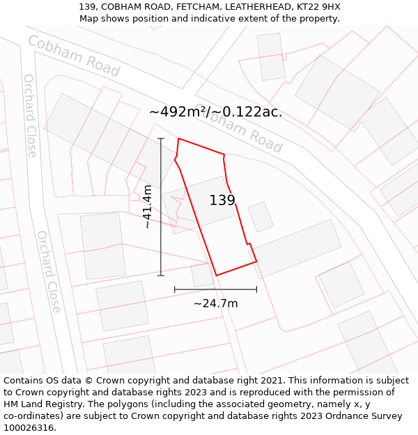 139, COBHAM ROAD, FETCHAM, LEATHERHEAD, KT22 9HX: Plot and title map