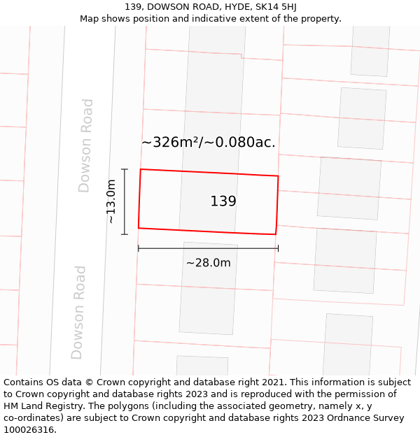 139, DOWSON ROAD, HYDE, SK14 5HJ: Plot and title map