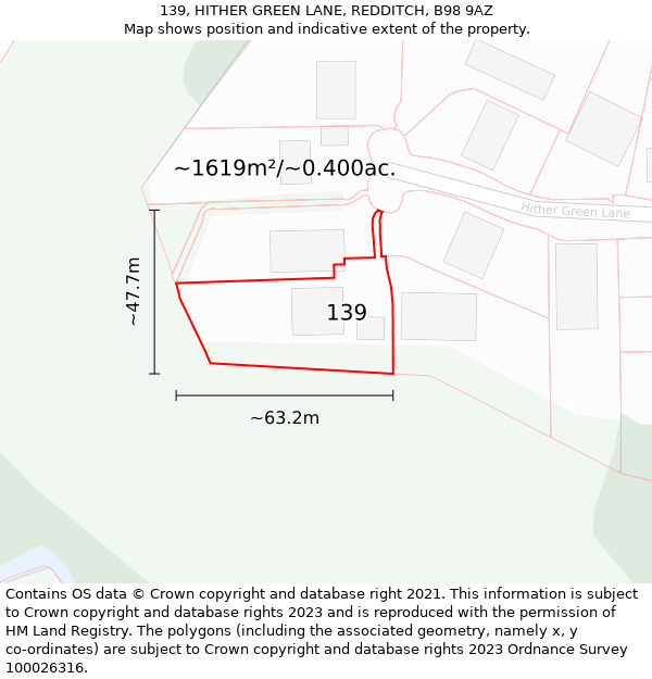 139, HITHER GREEN LANE, REDDITCH, B98 9AZ: Plot and title map