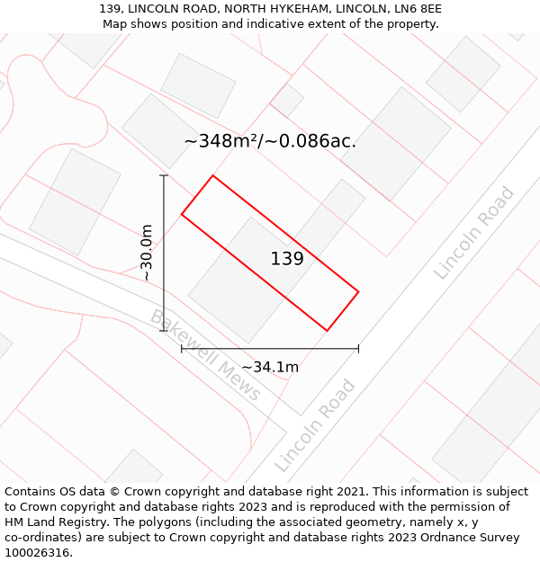 139, LINCOLN ROAD, NORTH HYKEHAM, LINCOLN, LN6 8EE: Plot and title map