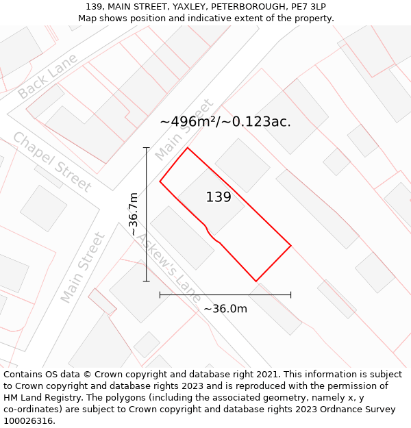 139, MAIN STREET, YAXLEY, PETERBOROUGH, PE7 3LP: Plot and title map