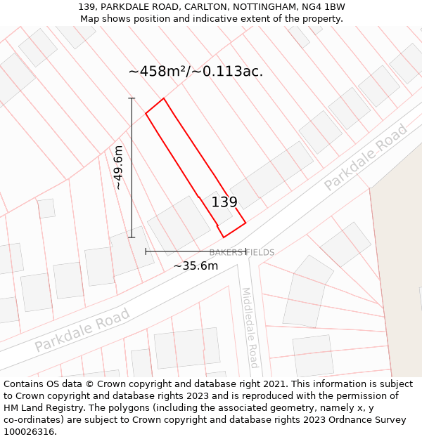 139, PARKDALE ROAD, CARLTON, NOTTINGHAM, NG4 1BW: Plot and title map