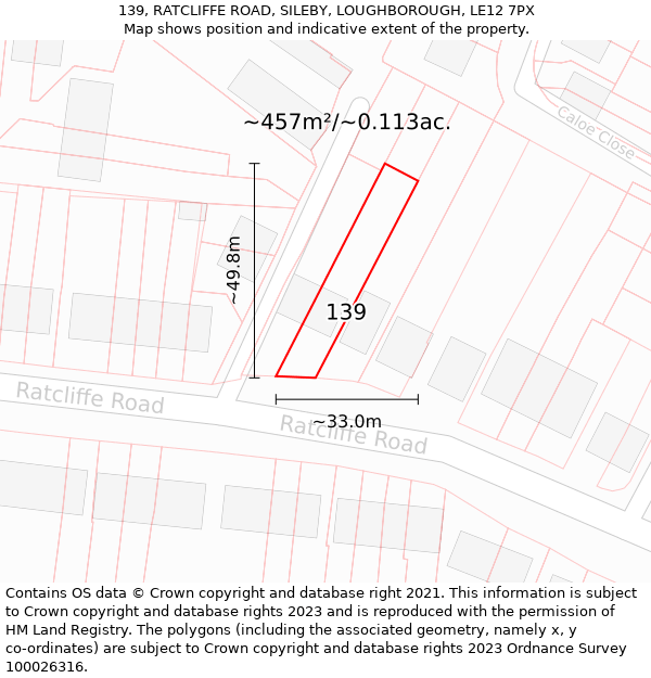 139, RATCLIFFE ROAD, SILEBY, LOUGHBOROUGH, LE12 7PX: Plot and title map