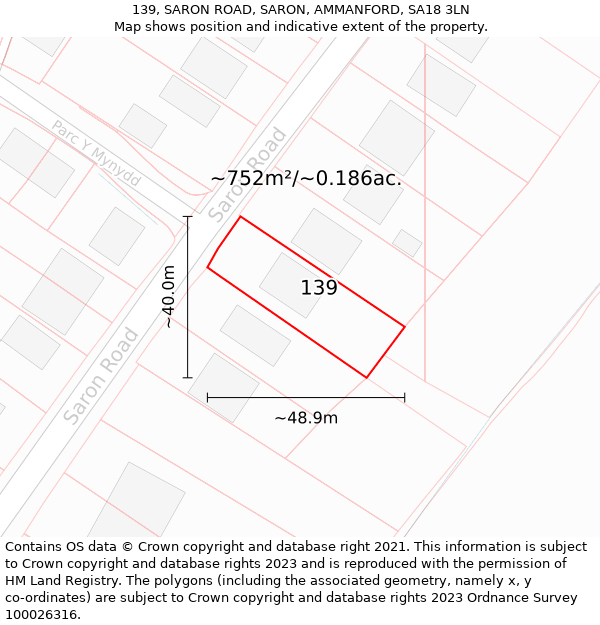 139, SARON ROAD, SARON, AMMANFORD, SA18 3LN: Plot and title map