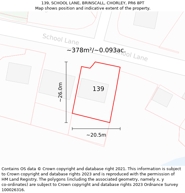 139, SCHOOL LANE, BRINSCALL, CHORLEY, PR6 8PT: Plot and title map