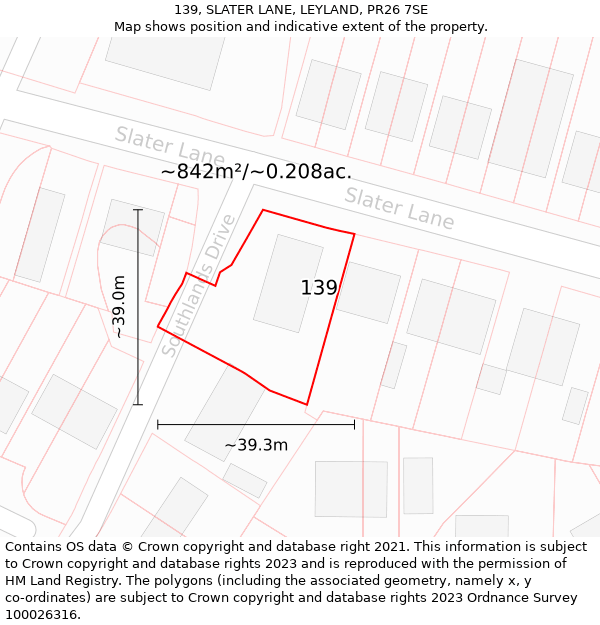 139, SLATER LANE, LEYLAND, PR26 7SE: Plot and title map