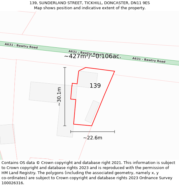139, SUNDERLAND STREET, TICKHILL, DONCASTER, DN11 9ES: Plot and title map