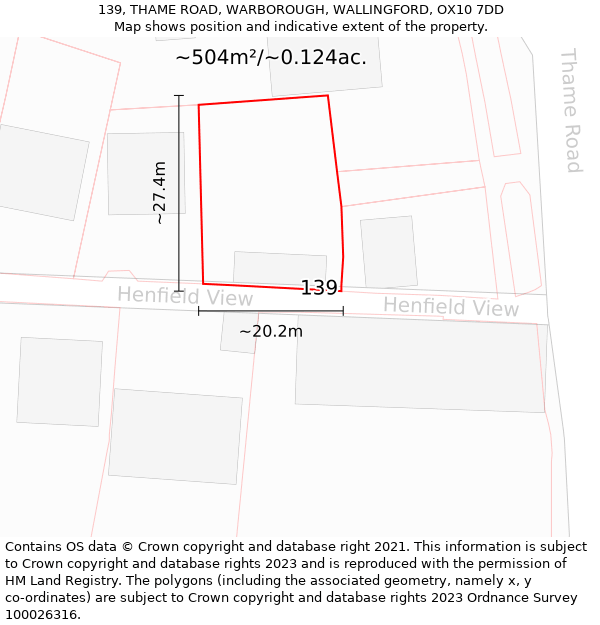 139, THAME ROAD, WARBOROUGH, WALLINGFORD, OX10 7DD: Plot and title map