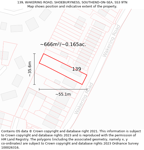 139, WAKERING ROAD, SHOEBURYNESS, SOUTHEND-ON-SEA, SS3 9TN: Plot and title map