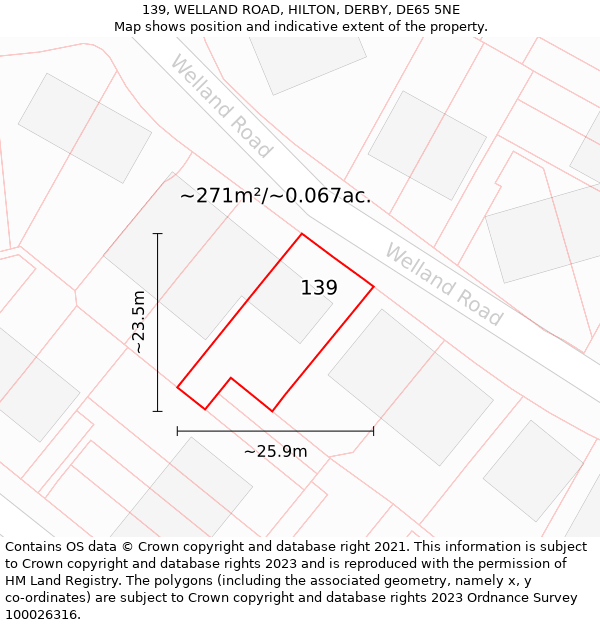 139, WELLAND ROAD, HILTON, DERBY, DE65 5NE: Plot and title map