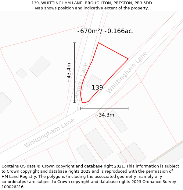 139, WHITTINGHAM LANE, BROUGHTON, PRESTON, PR3 5DD: Plot and title map