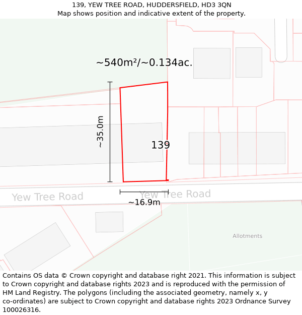 139, YEW TREE ROAD, HUDDERSFIELD, HD3 3QN: Plot and title map