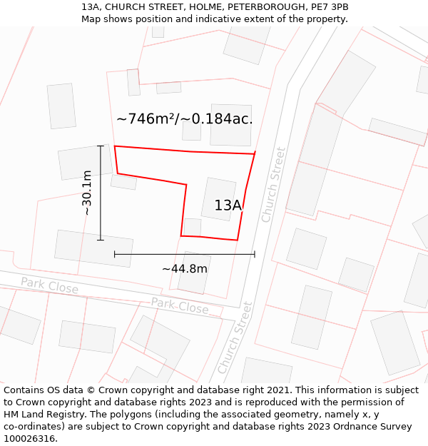 13A, CHURCH STREET, HOLME, PETERBOROUGH, PE7 3PB: Plot and title map