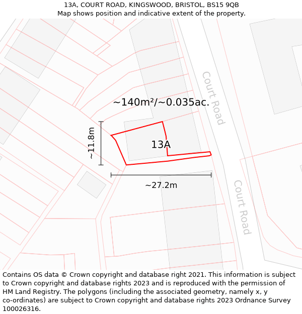 13A, COURT ROAD, KINGSWOOD, BRISTOL, BS15 9QB: Plot and title map